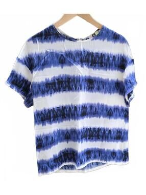 MSGM Silky Short Sleeve Cream Top With Blue + Black Stripes & Back Zipper Small.
